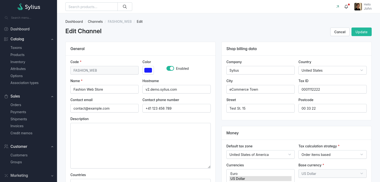 Vue de l'administration d'une boutique tournant sous Sylius