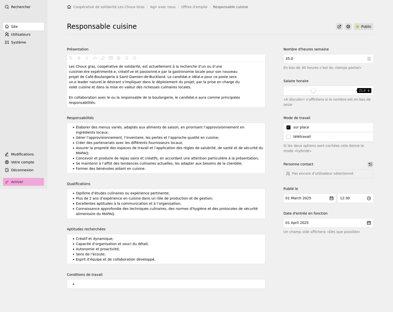 Caputure d'écran d'un formulaire de création d'offre d'emploi dans l'administration d'un site tournant sous Kirby CMS.