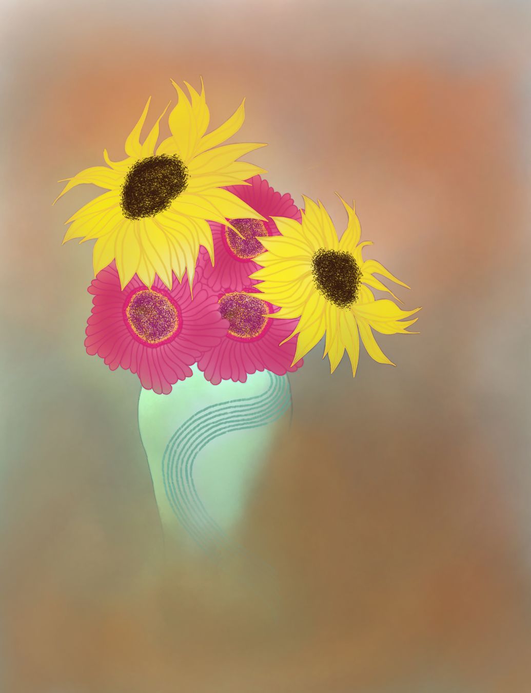 Cinq fleurs stylisées, deux tournesols et trois zinnias dans un vase vase vert clair, se perdent dans un brouillard orangé / Five stylized flowers, two sunflowers and three zinnias in a light green vase, are lost in an orange mist