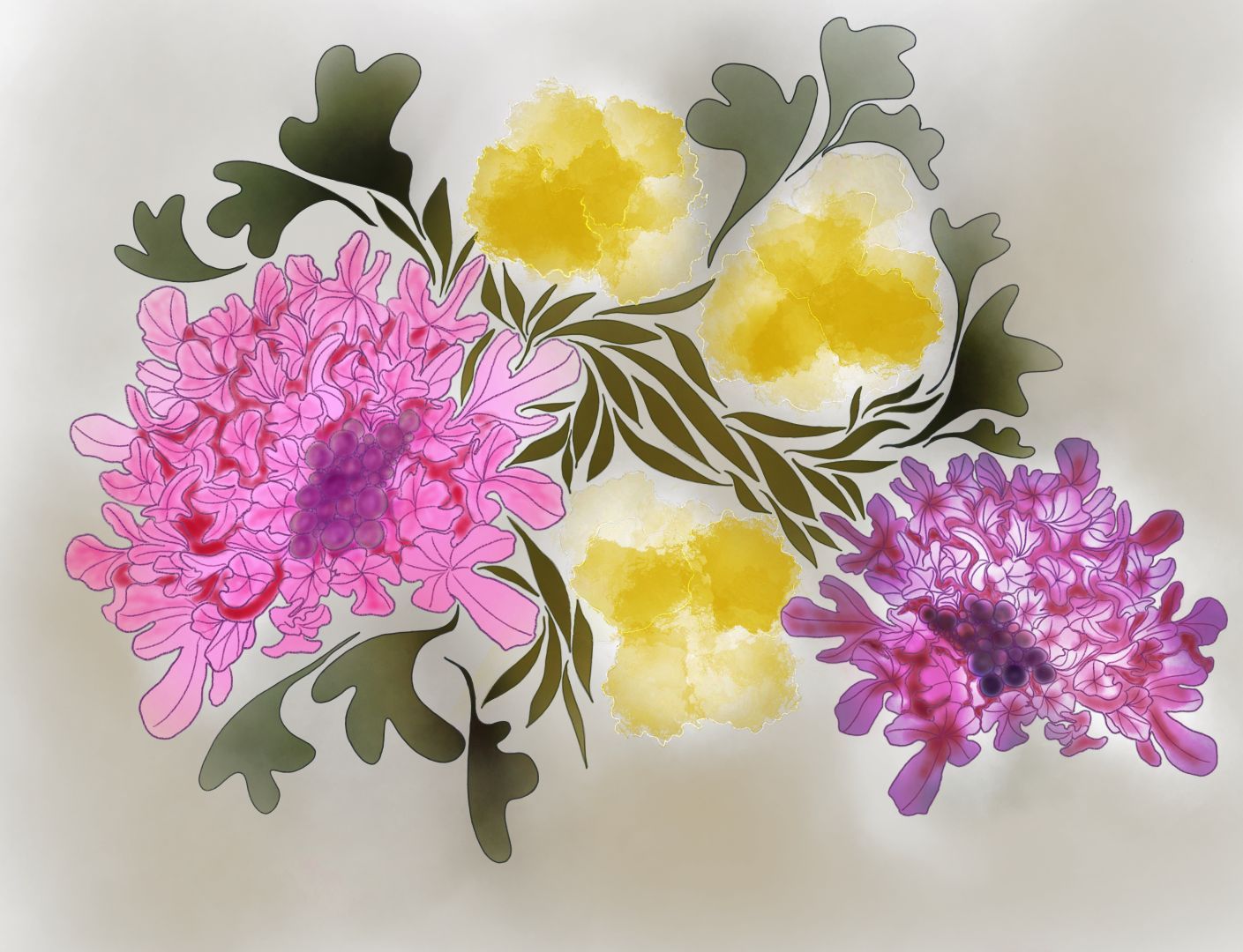 Nature morte présentant en gros plans quelques fleurs et feuilles stylisées dans des teintes de rose, de violet, de rouge, de jaune, de vert et d’ocre / Still life showing close-ups of some stylized flowers and leaves in shades of pink, purple, red, yellow, green and ochre